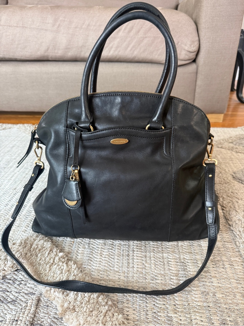 Tahari Black Leather Shoulder Satchel with Gold Hardware